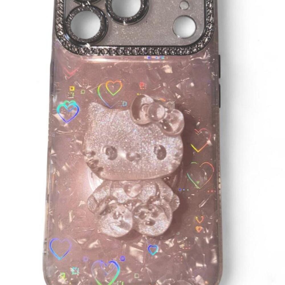 Hello Kitty Kawaii! Pastel Pink Iridescent Rhinestone Silver IPhone 17 Pro Case